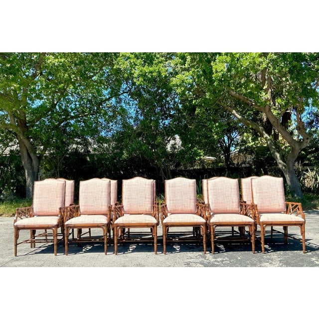 Late 20th Century Vintage Coastal Lexington Chinese Chippendale High Back Dining Chairs in Alan Campbell “Criss Cross” for Quadrille - Set of 12 For Sale - Image 5 of 12
