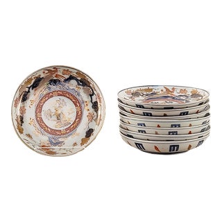 Eight Fukugawa Imari Hand Painted Porcelain Low Bowls, Japan Circa 1900 For Sale