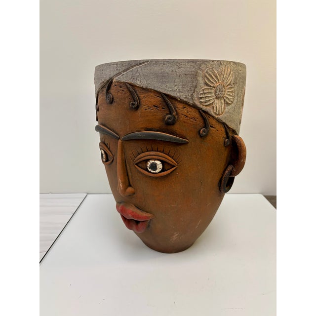 Vintage Mexican Folk Art Terracotta Face Planter For Sale - Image 4 of 11