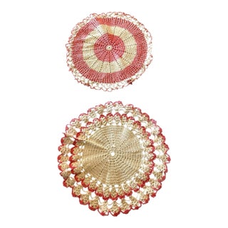 Vintage Crochet Handmade Pink White Round For Sale