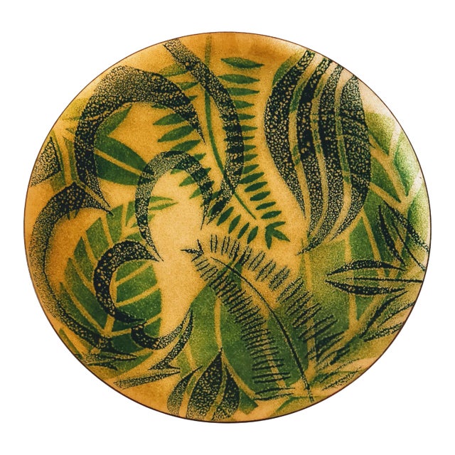 Mid Century Monstera Palm Fern Plant Enameled Plate For Sale