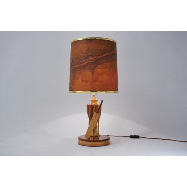 Marquetry wood inlaid table lamp, sport cricket theme, 1950`s ca, English. This vintage lamp has been gently cleaned while...
