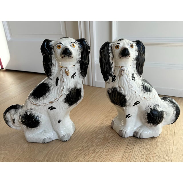 Antique Late 19th Century Large English Staffordshire Black & White Spaniels - A Pair For Sale - Image 10 of 10