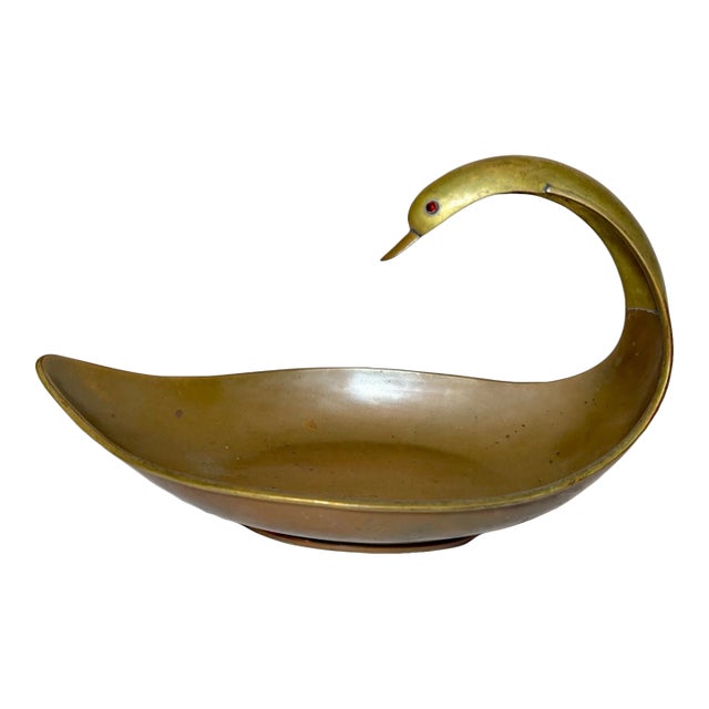 Antique Handmade Copper Brass Mexican Figural Centerpiece Dish Bowl Swan Bird For Sale
