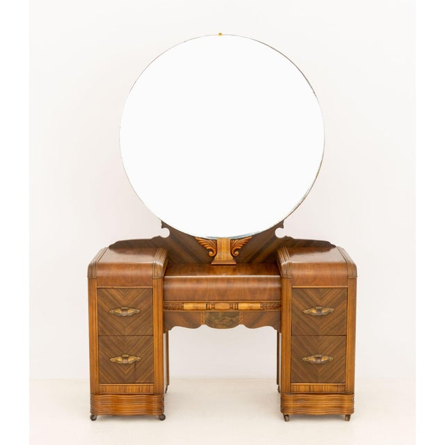 Art Deco American Art Deco Mirrored Marquetry Inlaid Walnut Vanity and Chair For Sale - Image 3 of 16