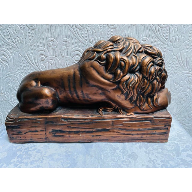 Glass Mid-Century Modern Large Lion Copper Painted Ceramic Figurine Glass Eyes Signed He For Sale - Image 7 of 12