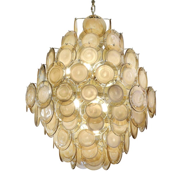 2020s Modernist 10-Tier Handblown Topaz Murano Glass Disc Chandelier W/ Brass Fittings For Sale - Image 5 of 17