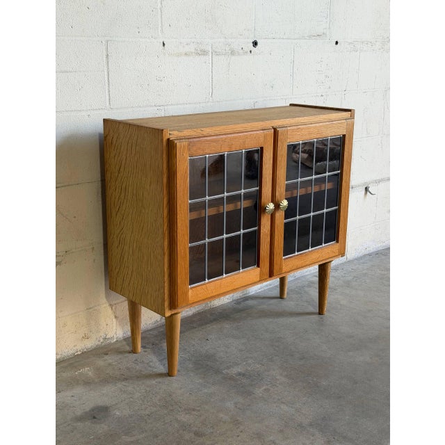 Oak Display Cabinet With Leaded Glass Doors Interior Shelf Mid-Century Modern Denmark 1960s For Sale - Image 4 of 10