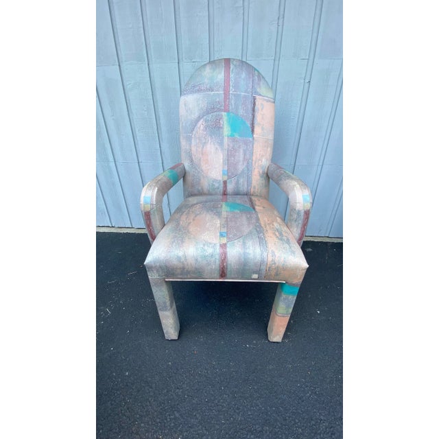 Fabulous set of six 1980’s Milo Baughman style upholstered Postmodern parsons dining chairs with curved lines and rounded...