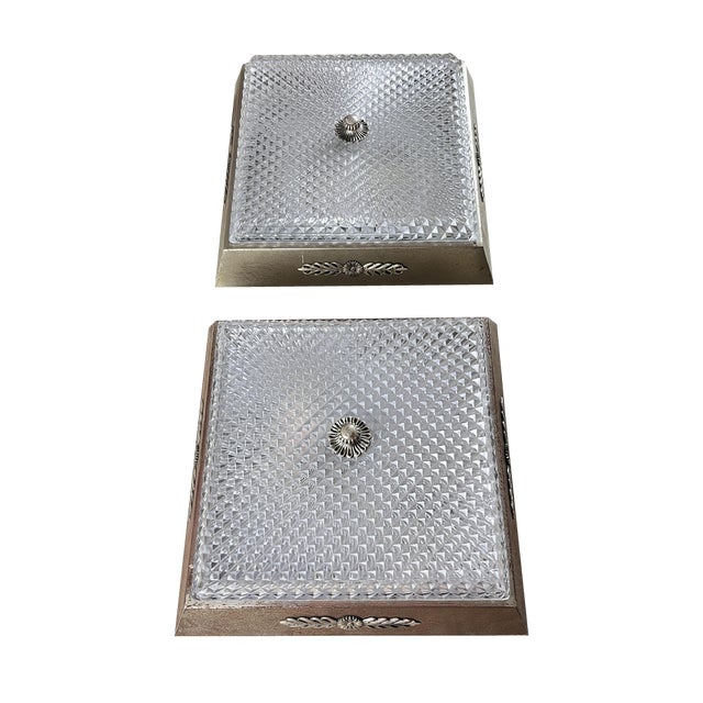 Metal and Glass Ceiling Lights, Italy, 1950s, Set of 2 For Sale