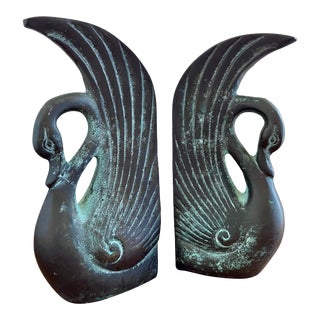 20th Century Art Deco Bronze Verdigris Swan Bookends - a Pair For Sale