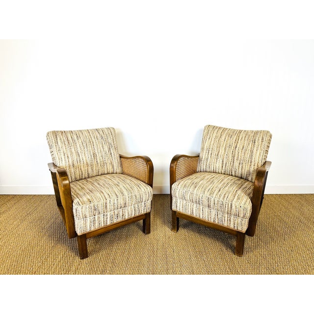 Art Deco Living Room Set in Curved Wood, Tweed and Cane, 1950s, Set of 3 For Sale - Image 18 of 18