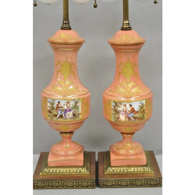 Victorian Antique French Victorian Paris Porcelain Coral Figural Painted Table Lamps, Pair For Sale - Image 3 of 14