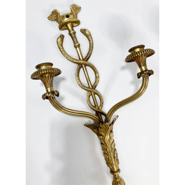 Early 20th Century Vintage Brass Caduceus Medical Symbol Candle Wall Sconces, Pair For Sale - Image 5 of 6