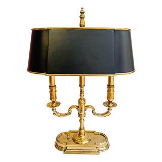 Vintage French Neoclassical Brass Three-Light Bouillotte Lamp With Black Tole Shade For Sale