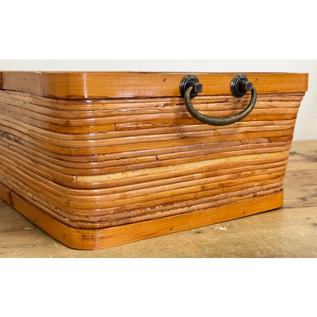 Vintage Lined Split Reed Storage Basket For Sale - Image 9 of 9