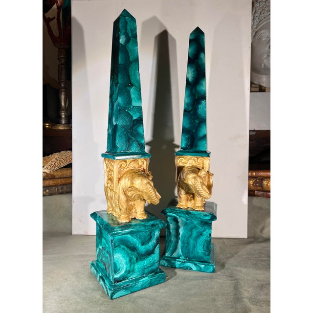 Pair of Grand Tour Faux Malachite Hand Painted & Gilded Obelisks of Minerva For Sale - Image 11 of 13