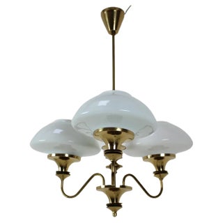 Mid-Century Brass Chandelier from Jablonec Glassworks, Czechoslovakia, 1970s For Sale