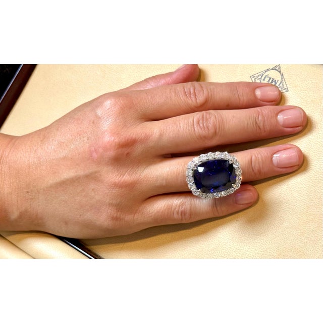 43.74 Ct Cushion-Cut Tanzanite & 4 Ct Diamond Ring in 14K White Gold Size 6.5 For Sale - Image 14 of 18