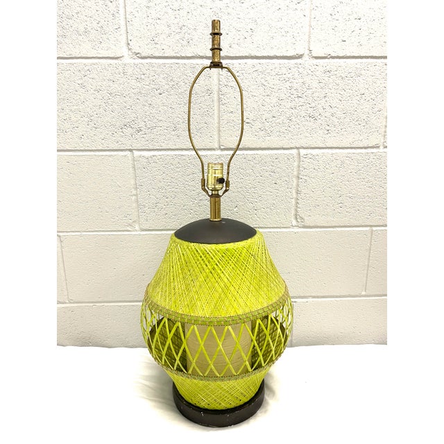 Contemporary Vintage Wicker Lime Green Lamp For Sale - Image 3 of 12