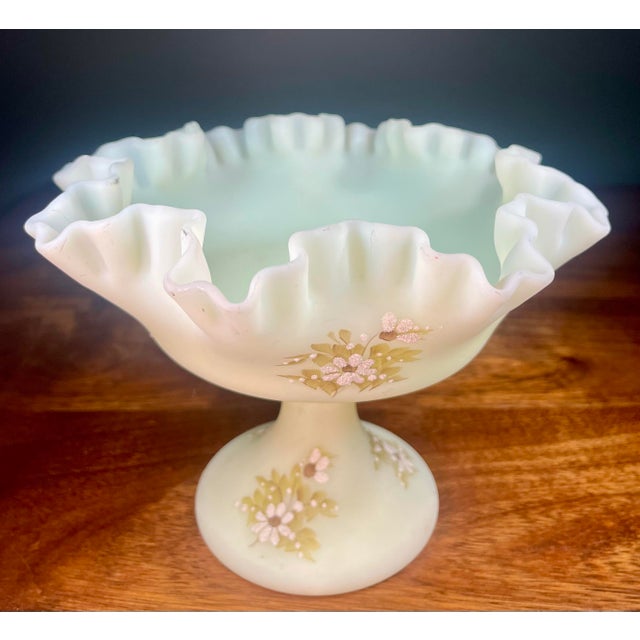 American 1970s Fenton Uranium Glass Daisies on Custard Round Pedestal Compote For Sale - Image 3 of 12