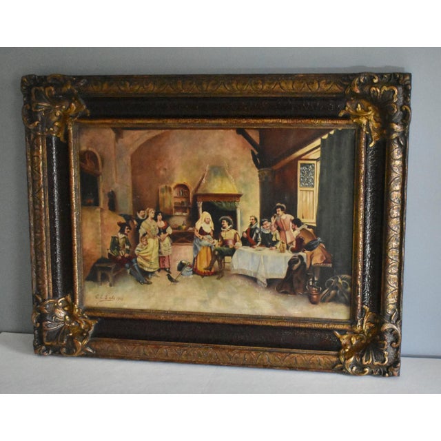 Antique European Tavern Interior Genre Scene Framed Signed & Dated 1910 For Sale - Image 14 of 16