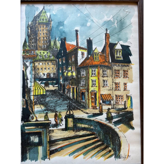 Impressionist Vintage 1970’s Hand Colored Lithograph of Quebec Canada Cityscape For Sale - Image 3 of 6