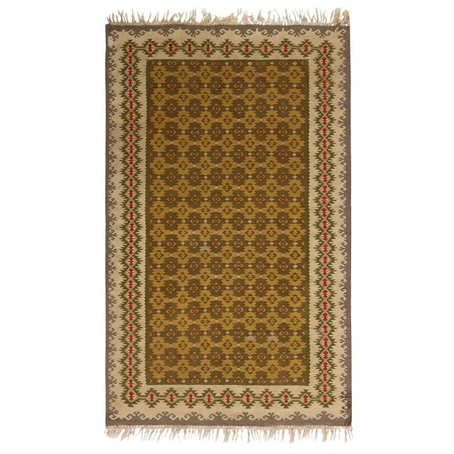 Vintage Mid-Century Sarkoy Geometric Beige-Brown and Green Wool Kilim Rug- 4′ × 6′4″ For Sale In New York - Image 6 of 6