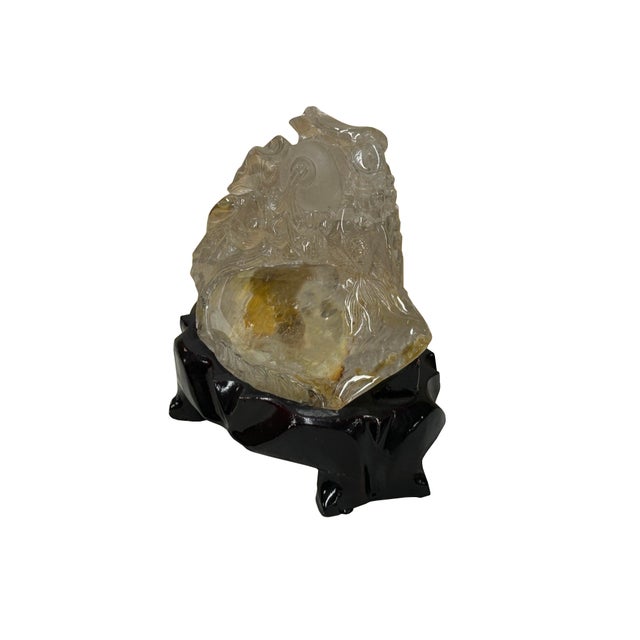 Transparent Natural Clear Crystal Koi Gold Fishes Wave Display on Wood Stand For Sale - Image 8 of 9
