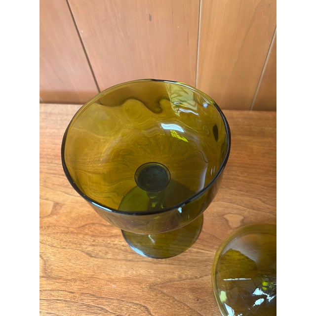 Empoli Vintage Olive Green Hand Blown Empoli Compote For Sale - Image 4 of 10