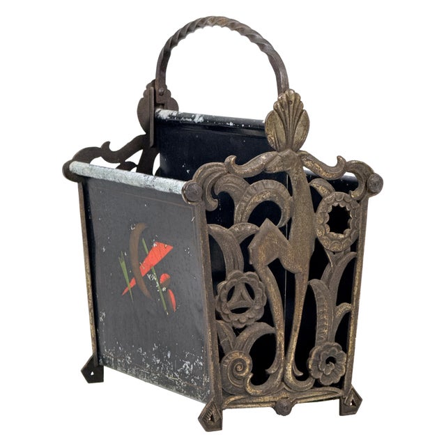 1920s Antique 1920s Art Deco Magazine Rack W/ Constructivist Style Geometric Motif & Ornate Cast Iron Gazelle End Panels For Sale - Image 5 of 18