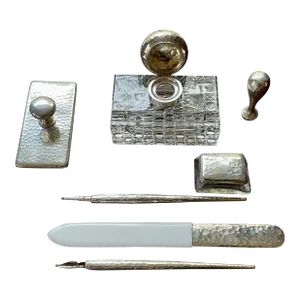 1940s Hammered Silver and Crystal Writer's Desk Set - 7 Pieces