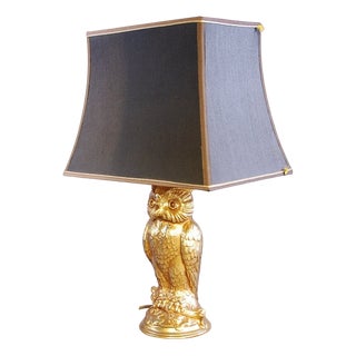 Gold-Toned Owl Table Lamp with Black Shade attributed to Loevsky & Loevsky, 1960s For Sale