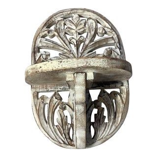 Vintage Carved Wood Wall Mount Shelf With a White Wash Finish For Sale