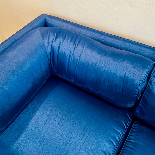 1980s Art Deco Chinoiserie Style Royal Blue Allover Upholstered 3-Seater Sofa For Sale - Image 10 of 16