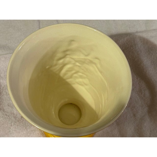 Ceramic Vintage Yellow Pottery Vase With White Relief Design For Sale - Image 7 of 8