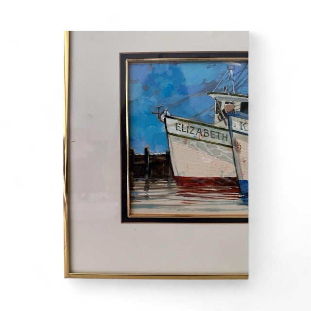 Nautical Roger Bansemer American Original Painting ‘Shrimp Boats’ — Framed 18×14, Nautical Scene For Sale - Image 3 of 5