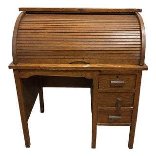 Vintage Oak Roll Top Desk – Circa 1920s–1940s | Solid Wood For Sale