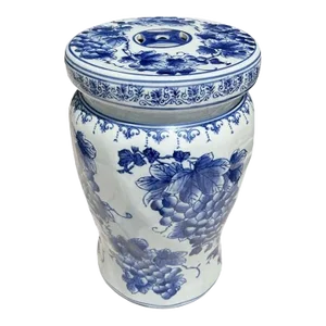 Vintage Chinoiserie Flow Blue and White Ceramic Garden Stool