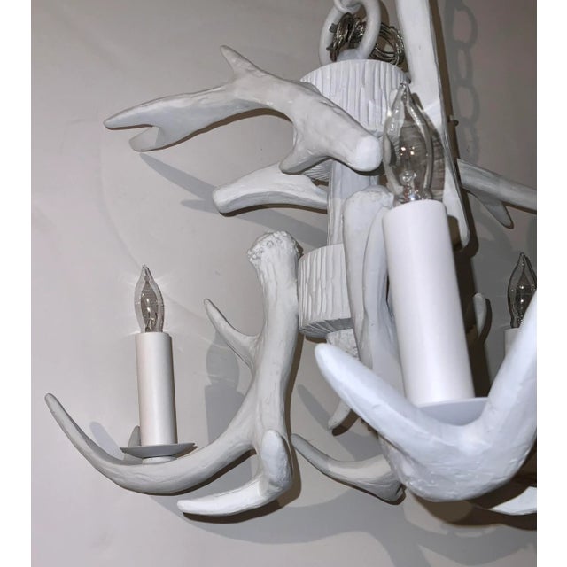 Original Retail $970, stylish White Horn Big Sky Antler Chandelier, wood chandelier, three lights, showroom floor sample