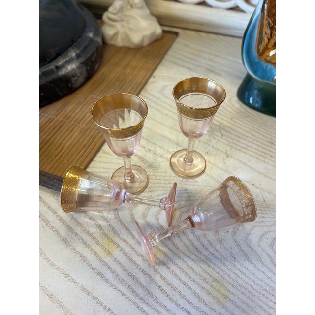 Rococo Early 20th Century Gold Rim Pink Glass Cordial Stemmed Glasses - Set of 4 For Sale - Image 3 of 7