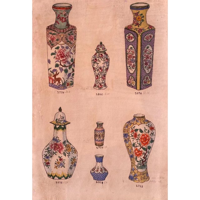 Porcelain Vases is an original china ink and watercolor drawing on ivory-colored paper by realized in 1890 ca. In very...