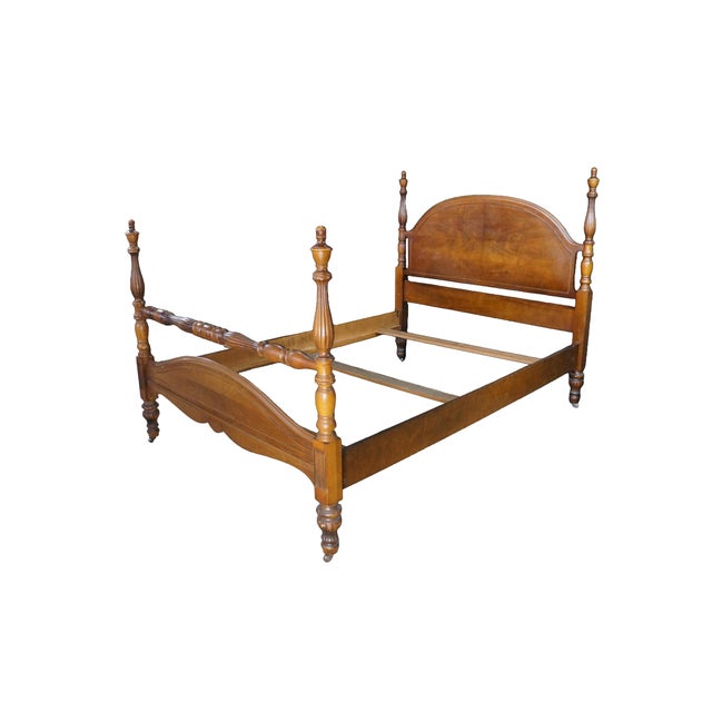 Vintage Federal / Sheraton revival four poster bed frame featuring fluted baluster posts with trophy finials and a classic...