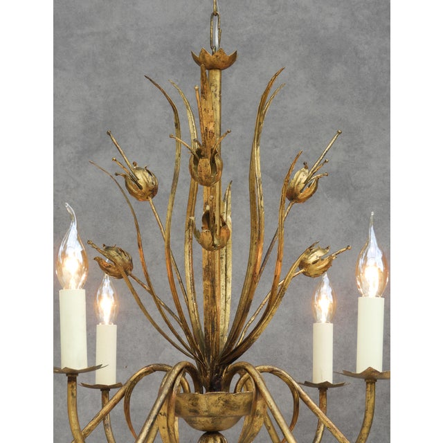 Mid-Century Spanish Gilt Tôle Botanical Six-Light Chandelier, 1950s For Sale - Image 3 of 10