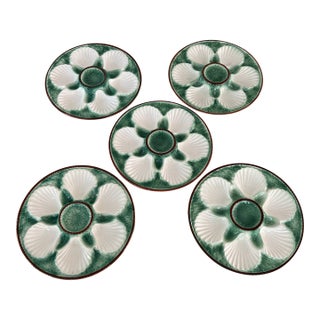 Antique French Longchamp Green Majolica Oyster Plates- Set of 5 For Sale