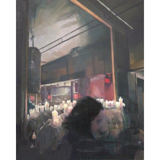 The Big Mirror by Elena Burykina | Oil on panel Reflection of a person in a dimly lit space. For Sale