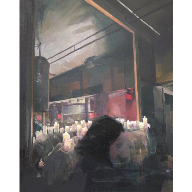 The Big Mirror by Elena Burykina | Oil on panel Reflection of a person in a dimly lit space. For Sale