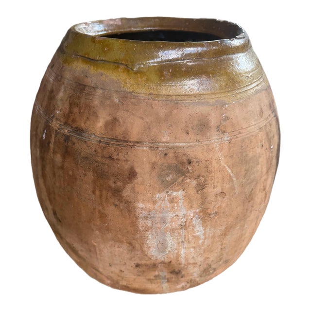 Antique Large Terracotta Olive Jar With Olive Green Glazed Rim - Rustic Stoneware Storage Vessel, 19th Century For Sale