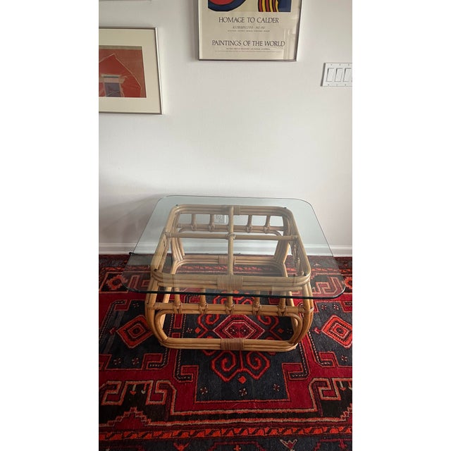 Wood Vintage Rattan & Bamboo Coffee Table Thick Glass Top For Sale - Image 7 of 11