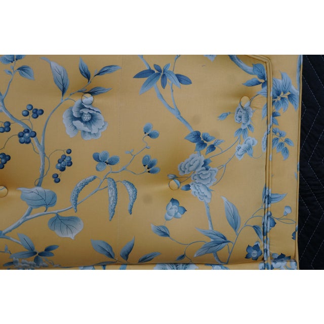 Vintage Yellow & Blue Chintz Upholstered Serpentine Tufted King Size Headboard For Sale - Image 6 of 14